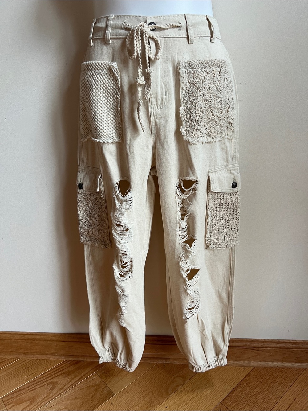 POL Cream Distressed Patchwork Cargo Pants